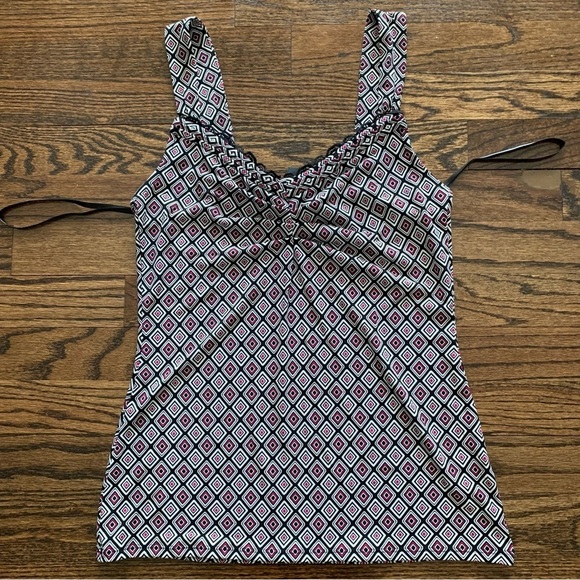 White House Black Market Geometric Print Lace Trimmed Ruched Neck Cami Top Small - Picture 11 of 12